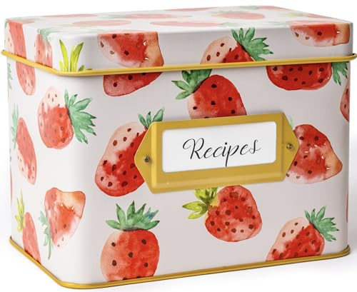 Heart&Berry Strawberry Recipe Box With 24 Cards And 12 Dividers - Compatible With Standard 4 X 6 Inches Index Cards Recipe Tin