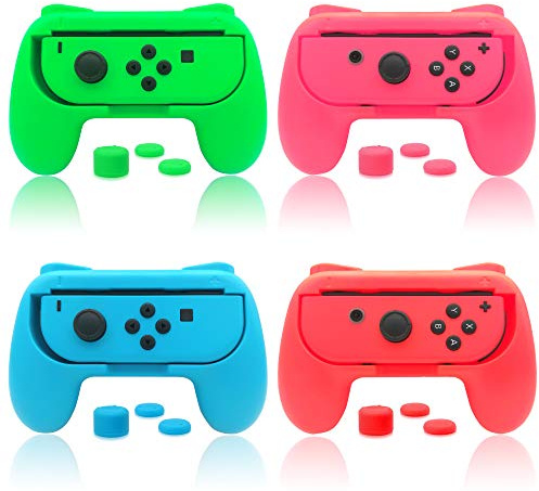 Griffe Halterung für Joy Con Switch & Switch OLED-Modell mit Daumen Griffkappen, (4 Pack) Gummioberfläche Joy Controller Grip Halter mit Joystick Kappen Zubehör - Blau/Rot/Rosa/Grün