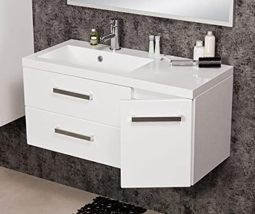 Quentis Badmöbelset Genua 90 cm, weiß glänzend, Waschtisch & Unterschrank, Waschbeckenunterschrank montiert