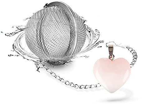 Taygate Natural Rose Quartz Heart Shape Tea Infuser Loose Tea Leaf Strainer Healing Chakra Crystal Gemstone Pendant 18/8 Stainless Steel Mesh Tea Ball for Womens Girls Ladies