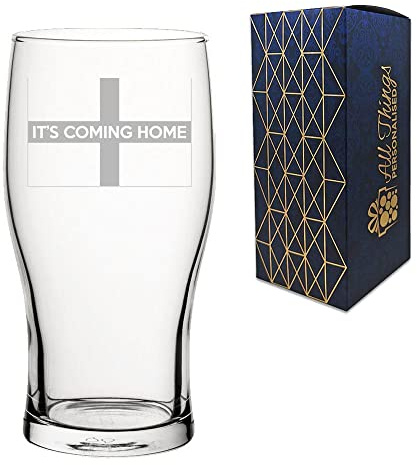 All Things Personalised Engraved Football Pint Glass, It's Coming Home Design with Gift Box, Euro Football Soccer Rugby Sport Championship