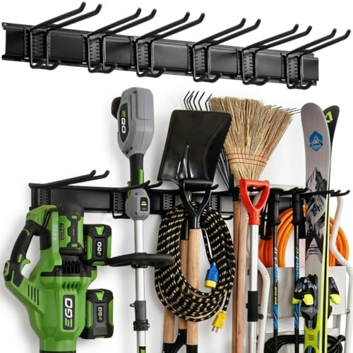 Aking Ace Garage Tool Organizer Wall Mount - Garden Tool Organizer Heavy Duty 48 Storage Rack with 6 Adjustable Hooks, Holds 350lbs, Yard Tool Hanger for Shed Organization