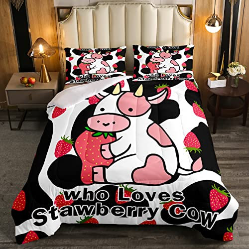 Loussiesd Juego de ropa de cama de vaca lechera para niñas, edredón de plumón de vaca y fresa para niños, diseño del alfabeto, vaca de leche, color negro, blanco y rojo, tamaño doble