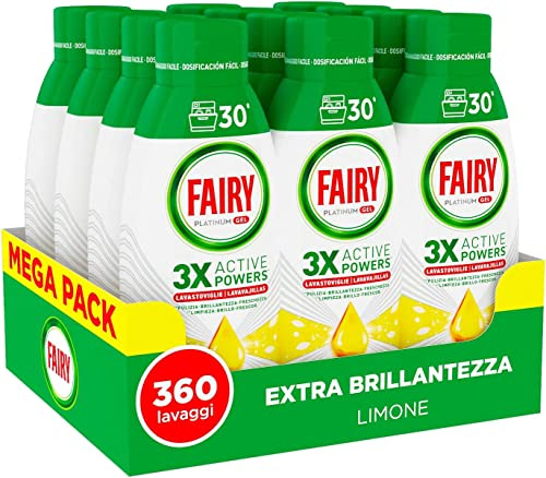 Fairy Detergente para lavavajillas en gel líquido, 360 lavados, paquete de 12 botellas, platino limón, aporta brillo extra al lavavajillas, combina limpieza brillo y frescura