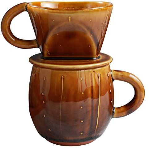 Asayu Japan Set di Tazza e Filtro Caffè Pour Over, Porta Filtri di Carta a Lenta Preparazione con 3 Fori per Caffè e Tè Caldi - Realizzato in Giappone (Caramello, Set 2 Pezzi)