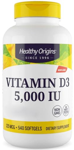 Healthy Origins, Depot Vitamina D3 125mcg (5.000IU), 1 Cápsula cada 5 Días, 540 Cápsulas blandas, Altamente Dosificadas, Probadas en Laboratorio, Sin Soja, Sin Gluten, No GMO