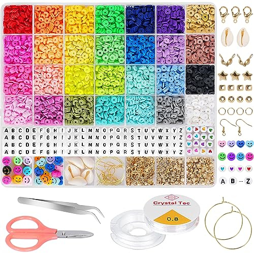 Moyofree 6380Pcs Clay Beads Kit, 28 Colors Flat Round Polymer Clay Beads for Jewelry Making, 6mm Heishi Clay Spacer Beads for Friendship Bracelet Necklace Earring DIY with Letter Beads
