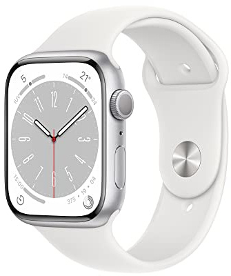Apple Watch Series 8 (GPS, 45mm) Reloj Inteligente con Caja de Aluminio en Plata - Correa Deportiva Blanca - Talla única. Monitor de entreno, Resistencia alagua