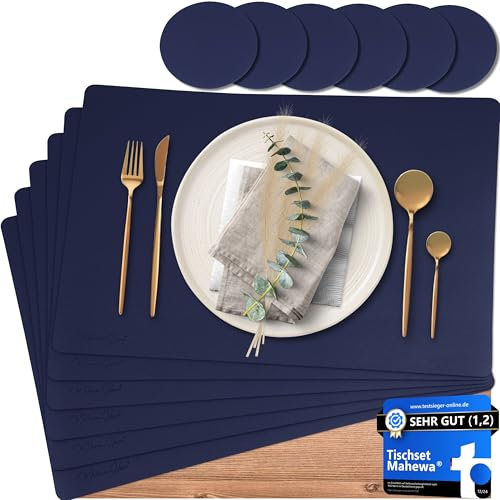 Mahewa® 6er Set Premium Tischset aus Kunstleder - Platzset abwaschbar und wasserdicht - Platzdeckchen Telleruntersetzer in Lederoptik (Dunkelblau, Eckig)