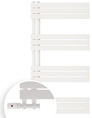 Aquabad Badheizkörper Fornax, moderner Handtuchwärmer fürs Badezimmer inkl. Multiblock Eckausführung, Größe: 60 x 115 cm, Heizleistung 593 Watt, Farbe: Weiß, seitlich versetzter Mittelanschluss 50mm