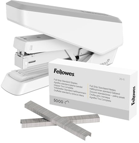 Fellowes Tacker, LX870 Hefter mit EasyPress™, tackert 40 Blätter mühelos, Flachheftung + Fellowes Heftklammern 26/6 mm für Full-Strip/Vollstreifen-Heftgeräte – Packung mit 5000 Stück – Silber - Bundle