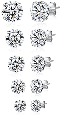 YOXUA 5 Pairs Cubic Zirconia Hypoallergenic Stud Earrings For Women Men Girls. Personalized Cartilage Fashion Earrings Are Available In Silver, Gold, Rose Gold Sizes Ranging From 3-8mm (Silver)