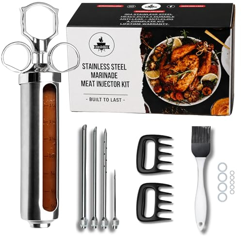 Professional Meat Injector Marinade Syringe Kit for Smoking & Grilling Turkey, Brisket & BBQ, Large 2 Oz Stainless Steel Visible Capacity, Never Leaks or Clogs + Meat Shredding Claws & Flavor Brush