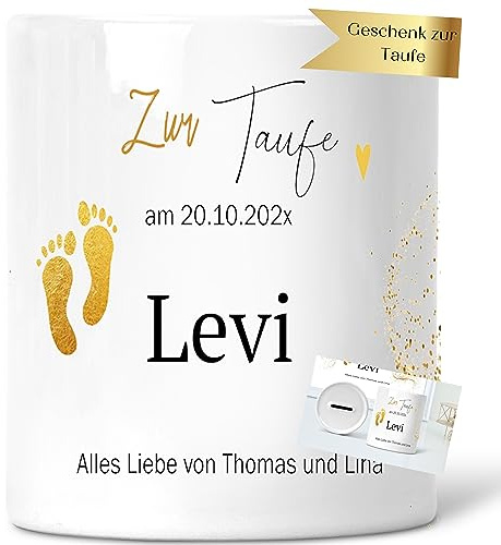 Besonderes Taufgeschenk - Baby-Spardose für Mädchen & Junge - Individuell mit Namen personalisiert als Geld-Geschenk zur Geburt Taufe (Füsse Gold)