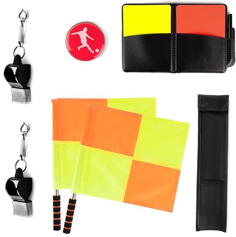 LinkideaFootballDomee startpaket, rutiga linjesman-flaggor, domarkort med skivbok och blyertspenna, domare visselpipa och kastmynt för fotboll
