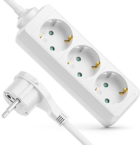 deleyCON 3-Vägs Grenuttag med Platt Stickpropp, Strömlist för Inomhusbruk, 5m Kabel, Plattkontakt-Stickpropp, Robust Plastkapsling, Vit | Strömlist för inomhusbruk, platt kontakt, robust plasthölje