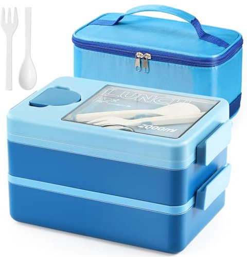 Bento Lunch Box, Double Couche Boîte à Déjeuner avec 4 Compartiments | Boîte à Lunch avec Couverts, Récipient de Sauce et Sac Lsotherme, pour Pique-Niques Travail École, 2000ml de Grande Capacité