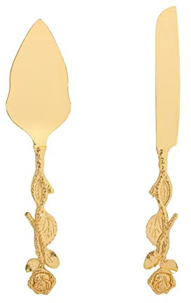 Gold Cake Knife and Server Set, Integral Stainless Steel Longer Wider Pie Spatula, Wedding Cake Cutting Utensils, Vintage Engraved Cake Cutter and Serving Spatula for Birthday