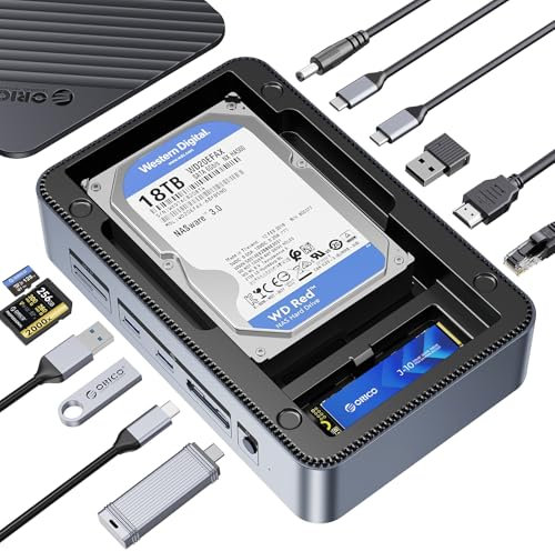 ORICO USB-C Hub mit Dual Festplattengehäuse, USB C Docking Station mit M.2 NVMe/SATA SSD & 2.5/3.5 Zoll SATA Festplattenlaufwerk Steckplätze, Unterstützung 4K HDMI, PD100W, SD/TF, Gigabit Ethernet