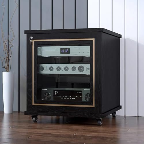 GUAWJRZDP Phonoschrank, Hi Fi Regal Mit Verstellbaren Regalen, Audio Rack Hi Fi Regalaus Holz mit Glastüren, Kabelmanagement, Hi Fi Rack for Videomedienständer(Nero,2-Tier)