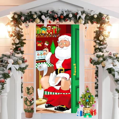 CocCCoon Xmas Door Cover Decoration,Funny Xmas Santa Restroom Door,Xmas Party Decorations,Xmas bathroom background banner,Santa Door Backdrop Photo Booth Props for Home Door