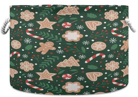 SKYSHU Cesto natalizio con omino di pan di zenzero, in corda di cotone, grande, rotondo, cesto portabiancheria per giocattoli, coperte, libri, per camera da letto, bagno, cameretta dei bambini,