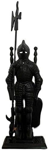 SmPinnaA Black 5-Piece Fireplace Tool Set, Middle Ages Knight Design, Heavy Duty Wrought Iron Toolset with Poker, Shovel, Tongs, Brush, for Outdoor Indoor