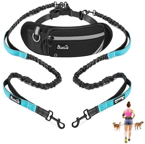 Eyein Joggingleine mit Bauchgurt für 2 Hunde, Freihändig Hundeleine mit Abnehmbare Gürteltasche, Reflektierende Laufleine mit stoßdämpfendem Bungee und Dual Griffe zum Joggen Laufen (M für 2 Hunde)
