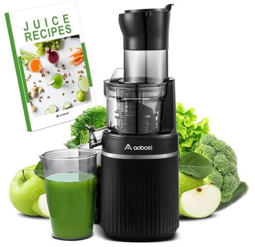 Juicer Machines, Aobosi Slow Masticating Juicer with 8CM Large Feed Chute, Cold Press Juicers for Whole Fruit and Vegetable with Two-layer Filter, Safety Lock, Matte Black