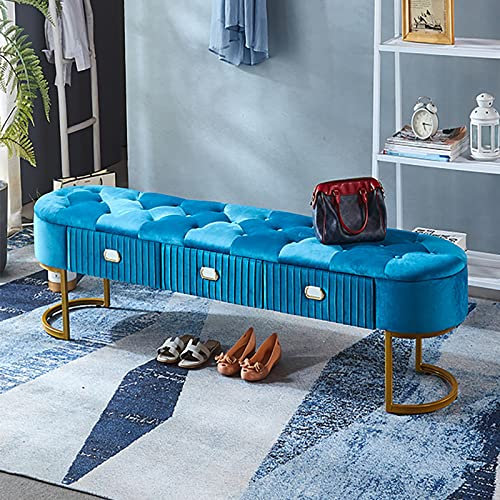 Luxuriöse Ottoman-Bank aus Samt mit Schubladen, moderne Bettbank mit blauem Sockel, 100 cm