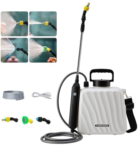 Pulverizador de jardín alimentado por batería, 5 L, pulverizador eléctrico mejorado con 3 boquillas de niebla, mango recargable por USB, varita retráctil, correa de hombro ajustable, pulverizador de