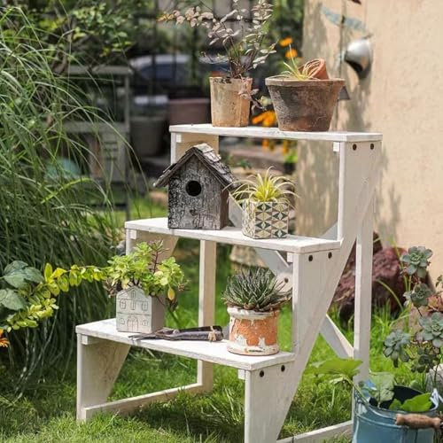 DECORN Pflanzenständer Indoor Outdoor, 3 Tier Holz Pflanze Leiter Regal für mehrere Blumen Pflanzer, Kleine Tischplatte Pflanze Halter Display Rack für Home Office Garten Patio Yard, rustikal,Weiß