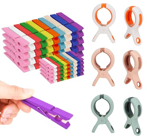 Confezione da 6 clip per telo mare da 10,6 cm con 100 mollette per vestiti, mollette colorate in legno da 7,1 cm, clip per appendere vestiti, grandi clip per asciugamani per sedie da spiaggia e