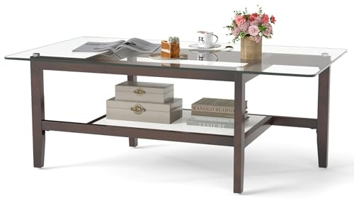 COSTWAY Couchtisch aus Glas, 2-stöckiger Beistelltisch mit Ablagefläche, 107 cm Langer rechteckiger Kaffeetisch mit Beinen aus massivem Gummibaumholz für Wohnzimmer, Büro (107 x 60 x 42 cm)