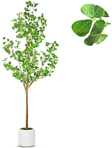 6 FT Artificial Heart Ficus Tree Indoor, Realistic Faux Plant with Dew Drops, Fake Tree with Pots for Home Office Decor