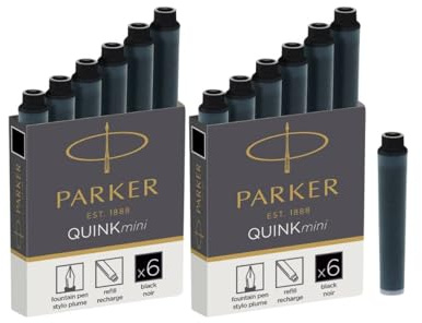 Parker Mini Fountain Pen Ink Refill Cartridges | Black QUINK Ink | 2 Packs of 6 Count