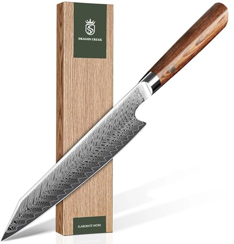 Dragon Creek Couteau Kiritsuke 21 cm, Acier Damas, Couteau de Précision pour Découpes Fines, Idéal pour le Poisson et les Légumes, Manche Ergonomique