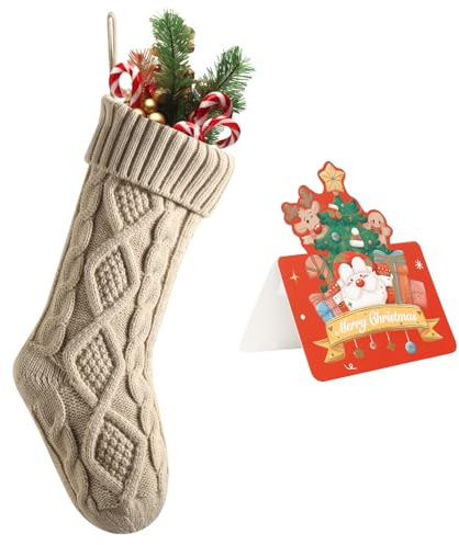 meioro Weihnachtsstrümpfe, 46cm Großes Kabel Gestrickte Weihnachtssocke, Farbe-Kontrast Weihnachten Strumpf Deko für Kamin Family Holiday Party Festival Dekorationen mit Grußkarte (Ganz Khaki, 1 Pcs)