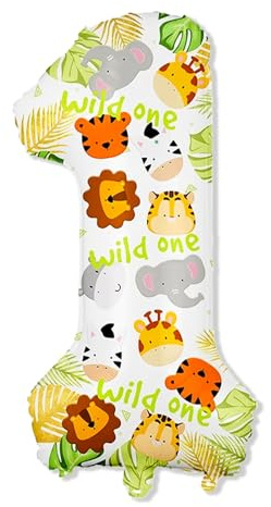 ZingBox Dschungel Geburtstagsdeko 1 Jahr Junge Mädchen, 32 Zoll Waldtiere Luftballon 1. Geburtstag Deko, Dschungeltiere Folienballon 1 Geburtstag Deko, Wild One Deko 1. Geburtstags Ballon, Safari Deko