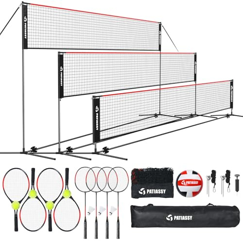 Patiassy Set di rete portatile da badminton tennis 3 in 1 da 5,2 m – Rete sportiva regolabile in altezza per interni ed esterni, con aste, rete portatile da esterno con borsa per il trasporto