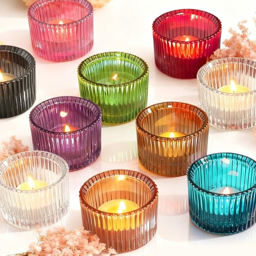 Lot de 10 photophores en verre coloré - 5,5 cm x 3,5 cm - Petits photophores en verre transparent - Pour anniversaire, fête, décoration de la maison, mariage