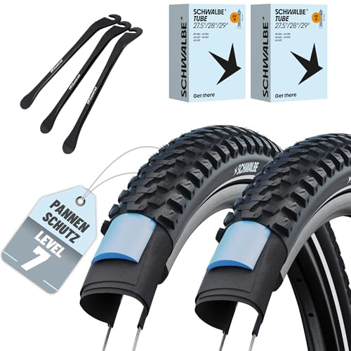 2er Set Schwalbe Fahrradreifen Marathon Plus MTB 29 oder 27,5 Zoll (ETRTO 54-584,57-584,57-622) wählbar mit AV DV SV SCV Schlauch + 3 Metall Reifenheber