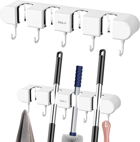 Deuson 2 Stück Besenhalterung Wand Selbstklebend,Wandhalterung Besen,Besenstiel Halterung mit Haken und Clips,Gartengerätehalter,Besen Mop Halter Ohne Bohren(weiß)