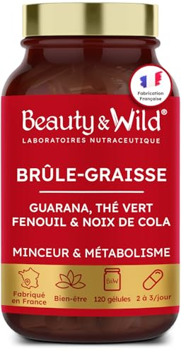 Bruleur de Graisse Puissant, Formule Minceur avec Guarana, Thé Vert, Coupe Faim Naturel, Complément Perte de Poids, Cure de 1 mois, 120 Gélules, Fabriqué en France, Laboratoires Beauty&Wild