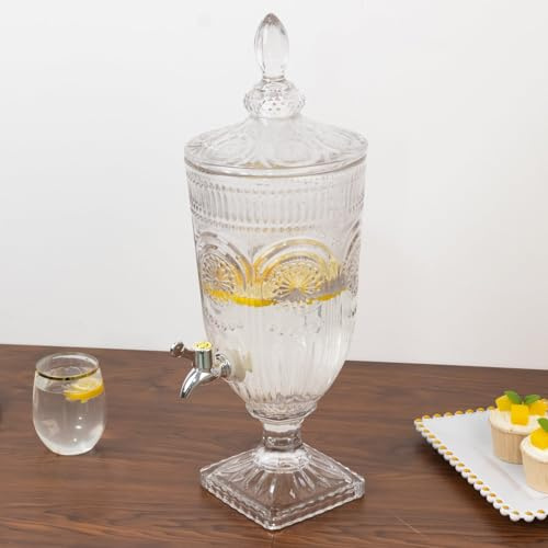 Efavormart 3L Vintage Cut Glass Beverage Dispenser - Floral Medallion Pattern - 19 Tall Drink Server with Lid and Spigot