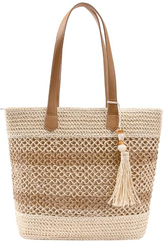 CorkAllin Sommer Stroh Strohtasche Korbtaschen - 2026 Damen Boho Groß Beach Geflochtene Handtasche, Vintage Leichte Faltbare Tragetasche mit Reißverschluss für Reisen Einkaufen, Urlaub, Pendeln