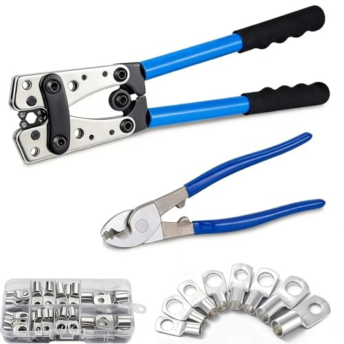 GEARFLOW Battery Cable Lug Crimping Tool with Cutter, 60pcs Tinned Copper Ring Automotive Terminals, 6/10/16/25 mm² Wire Gauge Heavy Duty Electrical Ratchet Crimper