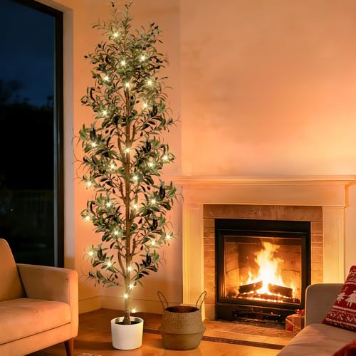 NZQXJXZ Konstgjord oliv stor 210 cm med ljus, konstgjorda växter med vit blomkruka och korg, konstgjort träd med frukt för hem kontor jul