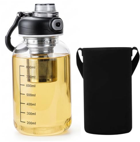 Teeflasche mit Sieb, 1 l Glastrinkflasche – schwarze Borosilikatglasflaschen, herausnehmbares Teesieb, Schutzhülle und sicher verschließbarer Deckel.