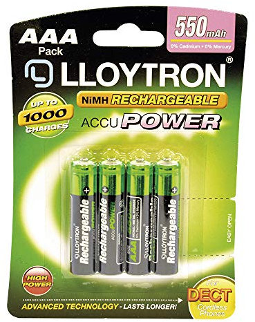 LLOYTRON NiMH Rechargeable AccuPower Batteries / AAA Size / 550mAh / 4 Pack - B014